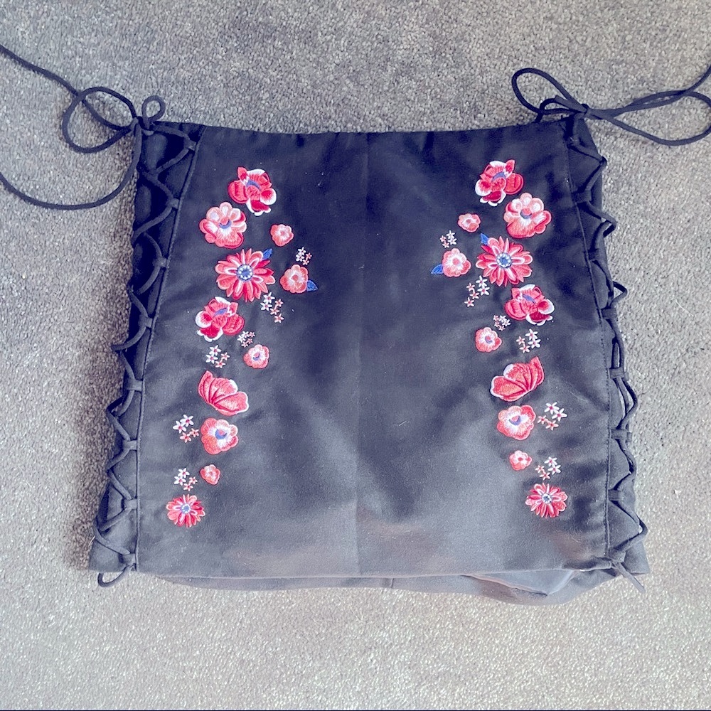 Mini embroidered black suede lace up skirt